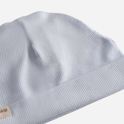 Sold at Bombon shop, designed by Mar Mar Copenhagen, Aiko ribbed modal baby hat in Blue Mist
