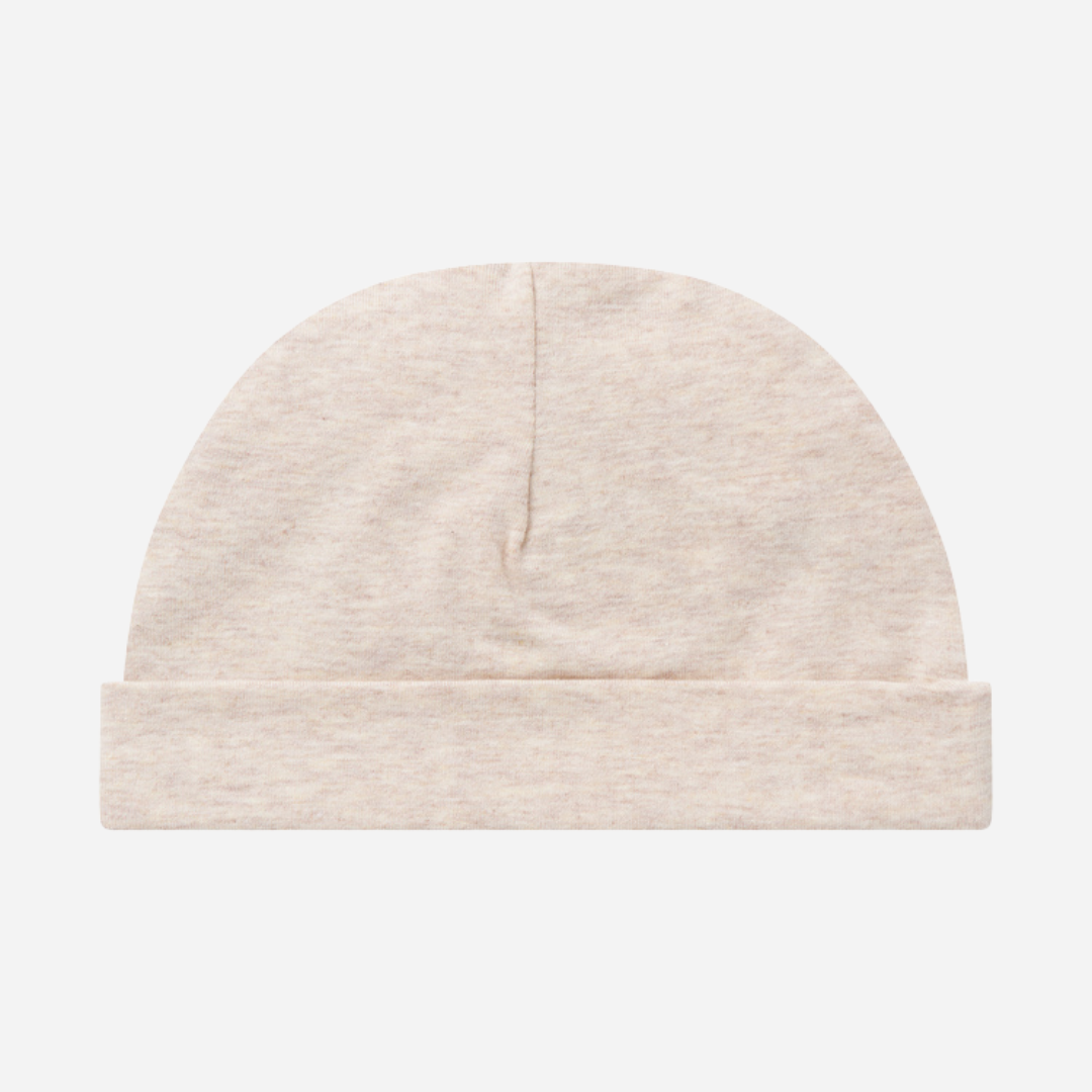 Sold at Bombon shop, designed by MarMar Copenhagen — beige organic cotton baby hat with fold-over brim.