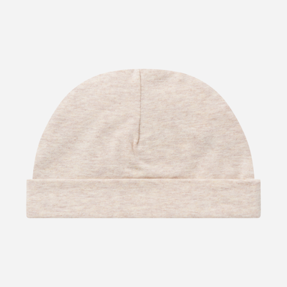 Sold at Bombon shop, designed by MarMar Copenhagen — beige organic cotton baby hat with fold-over brim.