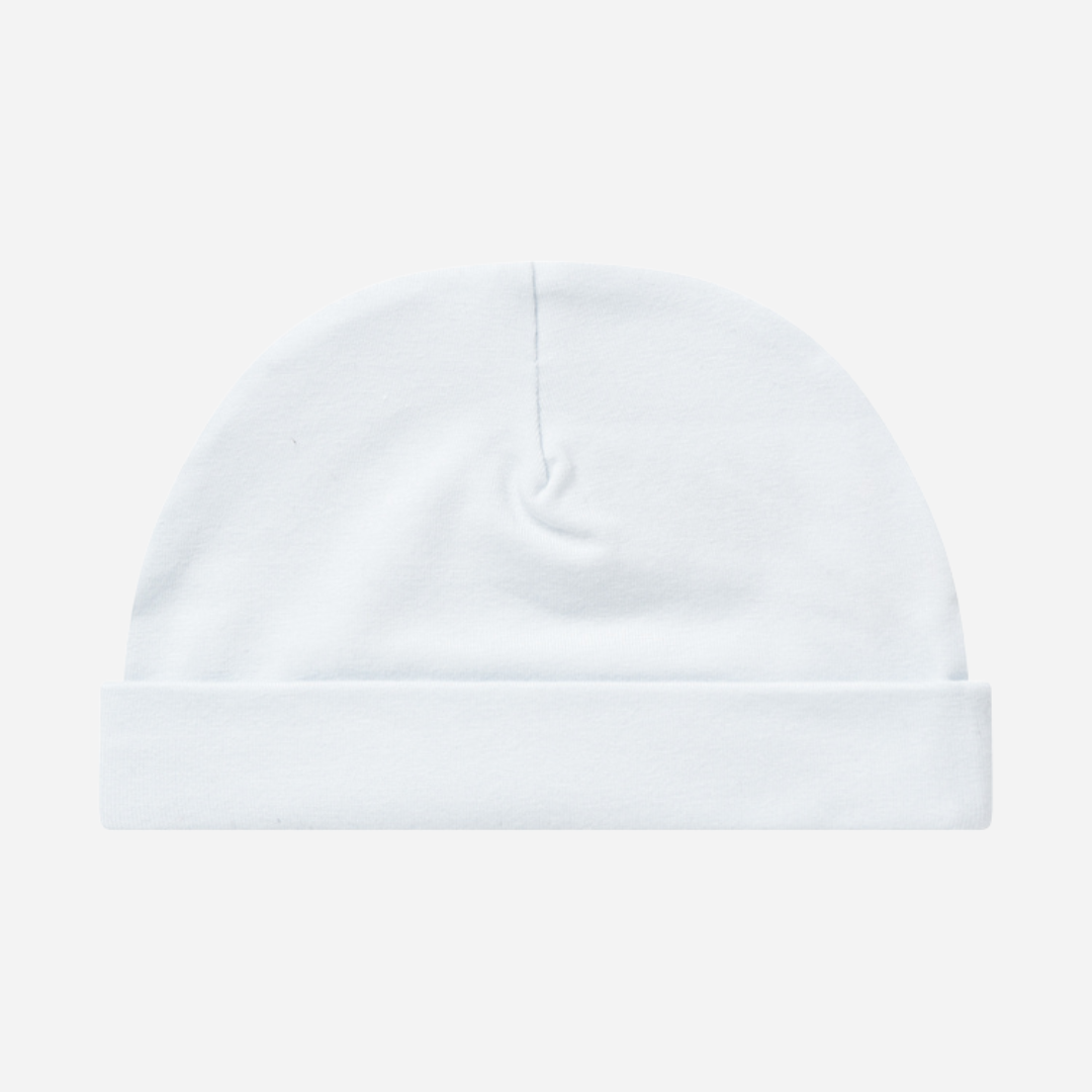 Sold at Bombon shop, designed by MarMar Copenhagen — powder blue organic cotton baby hat with fold-over brim.