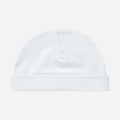 Sold at Bombon shop, designed by MarMar Copenhagen — powder blue organic cotton baby hat with fold-over brim.