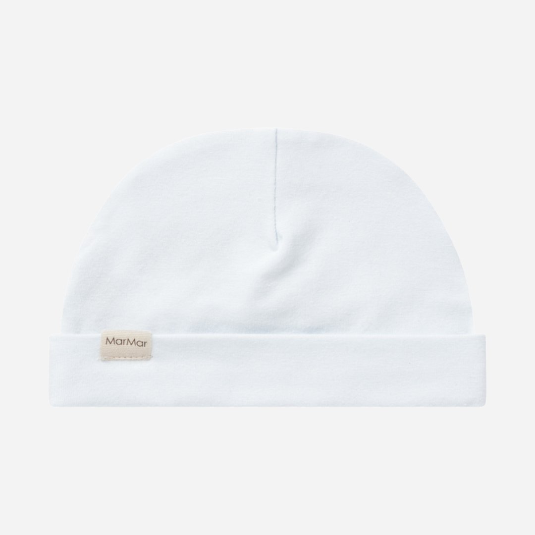 Sold at Bombon shop, designed by MarMar Copenhagen — powder blue organic cotton baby hat with fold-over brim.