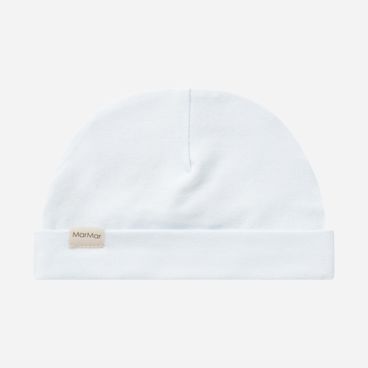 Sold at Bombon shop, designed by MarMar Copenhagen — powder blue organic cotton baby hat with fold-over brim.