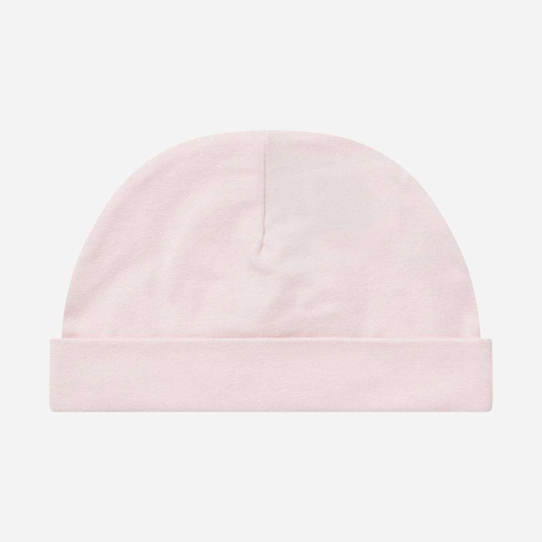 Sold at Bombon shop, designed by MarMar Copenhagen — blush pink organic cotton baby hat with fold-over brim.