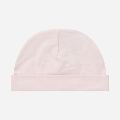 Sold at Bombon shop, designed by MarMar Copenhagen — blush pink organic cotton baby hat with fold-over brim.