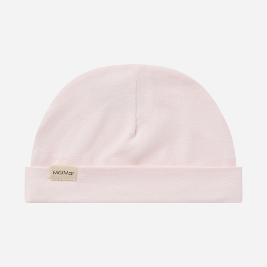Sold at Bombon shop, designed by MarMar Copenhagen — blush pink organic cotton baby hat with fold-over brim.