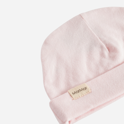 Sold at Bombon shop, designed by MarMar Copenhagen — blush pink organic cotton baby hat with fold-over brim.