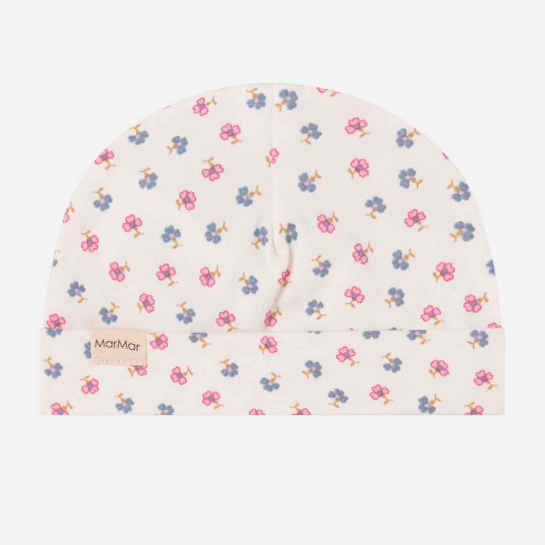 Sold at Bombon shop, designed by Mar Mar Copenhagen, Aiko baby hat in Mini Flower print modal and organic cotton blend