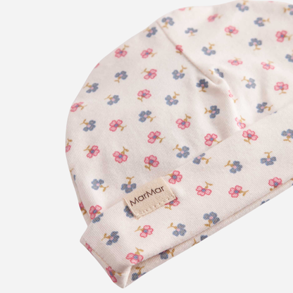 Sold at Bombon shop, designed by Mar Mar Copenhagen, Aiko baby hat in Mini Flower print modal and organic cotton blend
