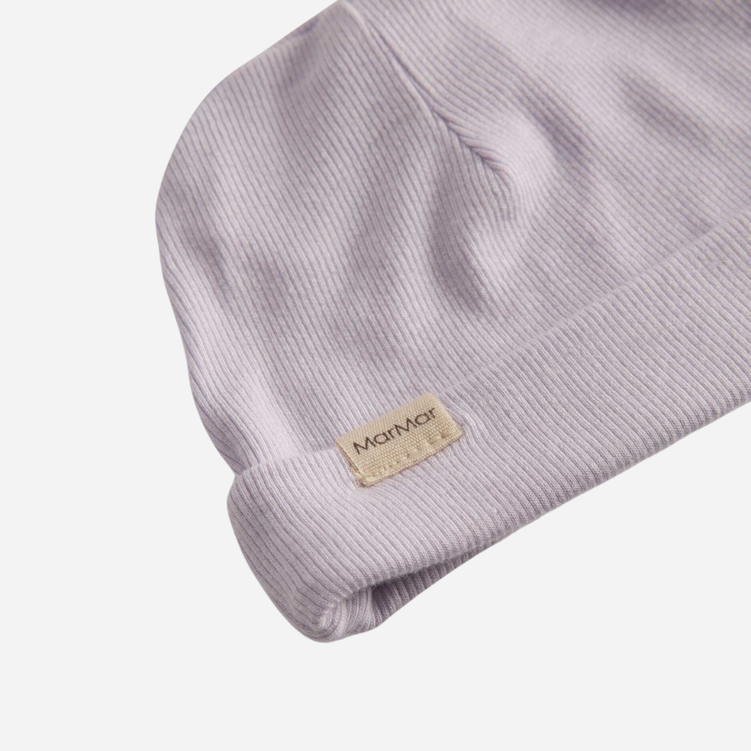 Sold at Bombon shop, designed by Mar Mar Copenhagen, Aiko ribbed modal baby hat in Sweet Violet