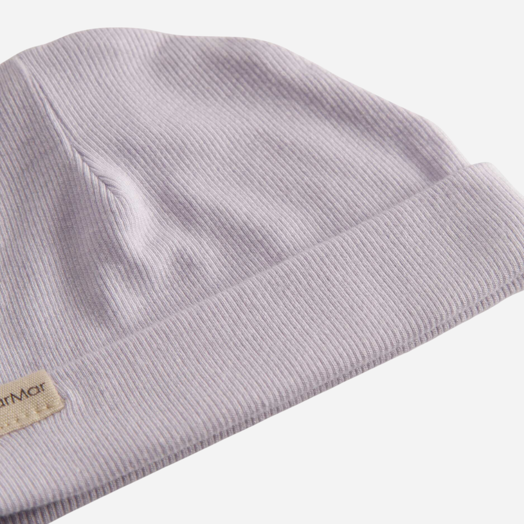 Sold at Bombon shop, designed by Mar Mar Copenhagen, Aiko ribbed modal baby hat in Sweet Violet
