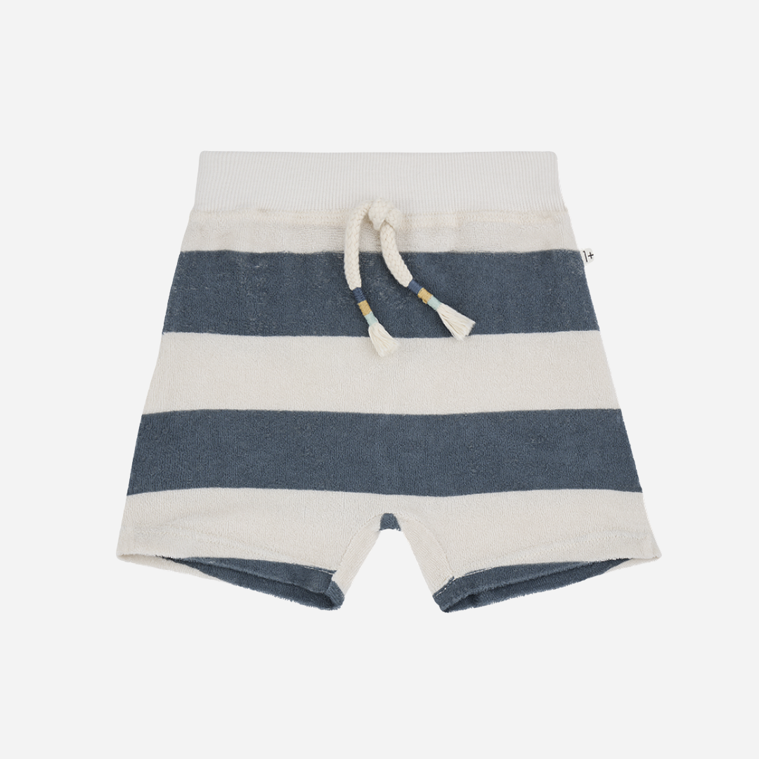 sold at Bombon shop, designed by 1+ in the family, these blue and white striped shorts boy baby boys and toddlers are perfect for spring and summer. front view