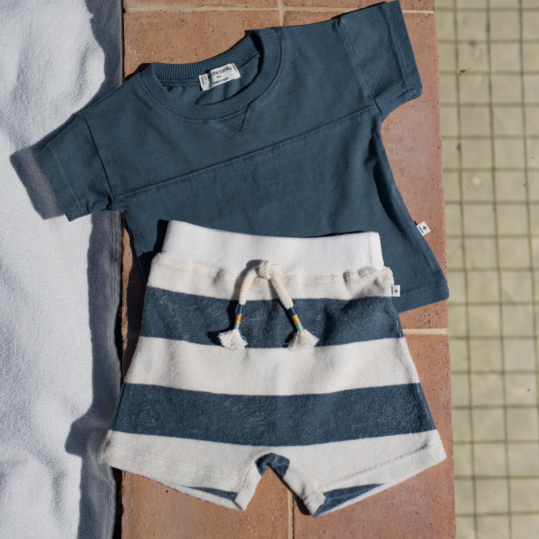sold at Bombon shop, designed by 1+ in the family, these blue and white striped shorts boy baby boys and toddlers are perfect for spring and summer. as a set view