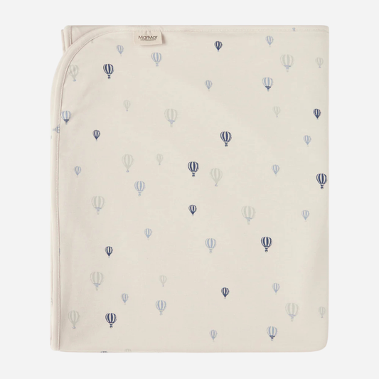 Sold at Bombon shop, designed by MarMar Copenhagen. Cream wrap footie with blue air balloon print, pairs perfectly with the matching air balloon hat and blanket.
