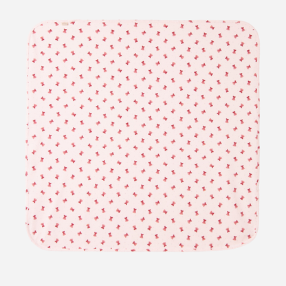 Sold at Bombon shop, designed by MarMar Copenhagen. Blush pink baby blanket with pink bell print, pairs perfectly with the matching wrap footie and hat.