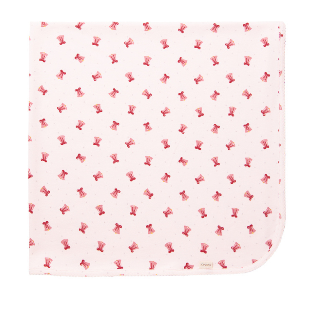 Sold at Bombon shop, designed by MarMar Copenhagen. Blush pink baby blanket with pink bell print, pairs perfectly with the matching wrap footie and hat.