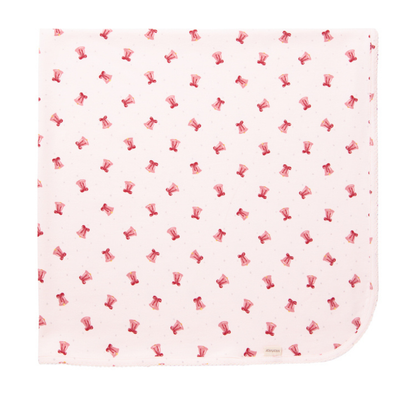 Sold at Bombon shop, designed by MarMar Copenhagen. Blush pink baby blanket with pink bell print, pairs perfectly with the matching wrap footie and hat.