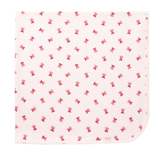 Sold at Bombon shop, designed by MarMar Copenhagen. Blush pink baby blanket with pink bell print, pairs perfectly with the matching wrap footie and hat.