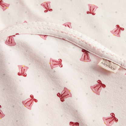 Sold at Bombon shop, designed by MarMar Copenhagen. Blush pink baby blanket with pink bell print, pairs perfectly with the matching wrap footie and hat.
