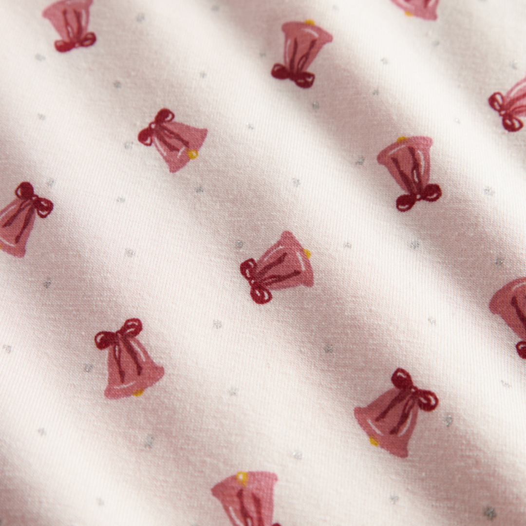 Sold at Bombon shop, designed by MarMar Copenhagen. Blush pink baby blanket with pink bell print, pairs perfectly with the matching wrap footie and hat.