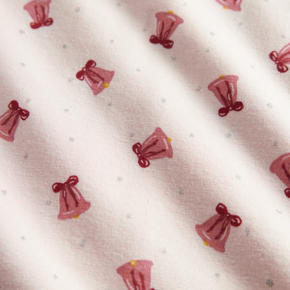 Sold at Bombon shop, designed by MarMar Copenhagen. Blush pink baby blanket with pink bell print, pairs perfectly with the matching wrap footie and hat.