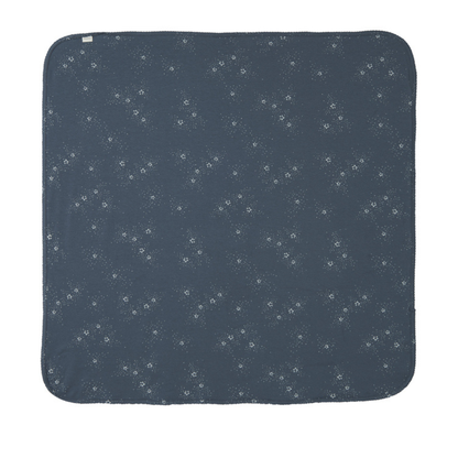 Sold at Bombon shop, designed by MarMar Copenhagen. Midnight blue baby blanket with white star print, pairs perfectly with the matching wrap footie and hat.