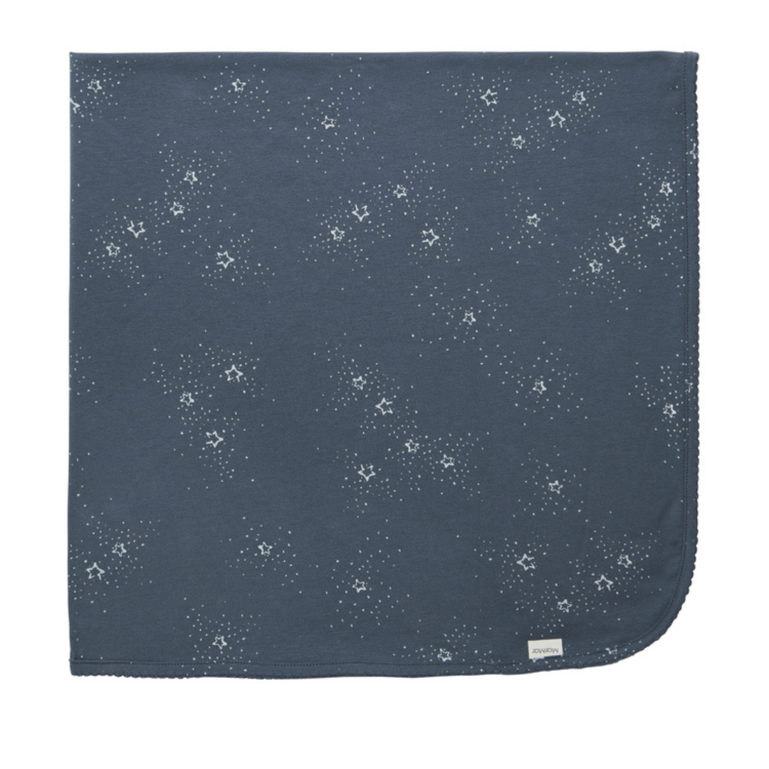 Sold at Bombon shop, designed by MarMar Copenhagen. Midnight blue baby blanket with white star print, pairs perfectly with the matching wrap footie and hat.
