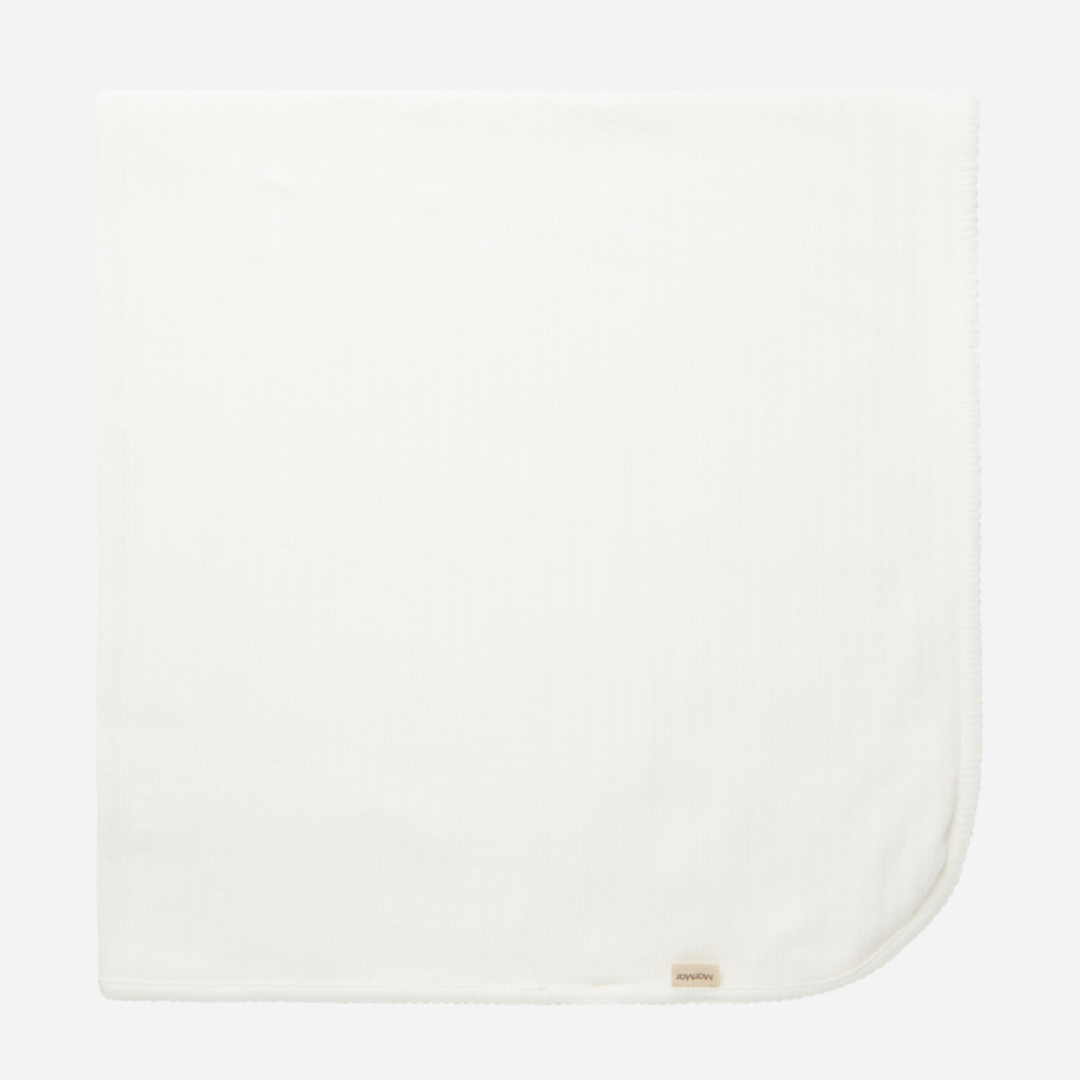 Sold at Bombon shop, designed by MarMar Copenhagen. Cream white ribbed baby blanket, pairs perfectly with the matching wrap footie and ha