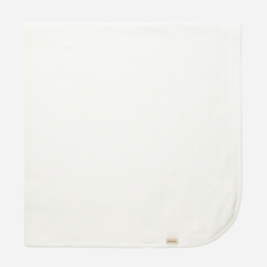 Sold at Bombon shop, designed by MarMar Copenhagen. Cream white ribbed baby blanket, pairs perfectly with the matching wrap footie and ha