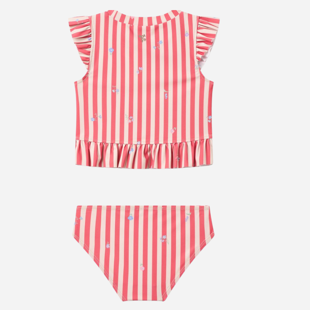 Sold at Bombon Shop, designed by Wheat, red stripe flowers two-piece swimsuit in recycled fabric with classic red striped pattern.