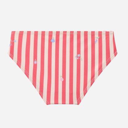 Sold at Bombon Shop, designed by Wheat, red stripe flowers two-piece swimsuit in recycled fabric with classic red striped pattern.