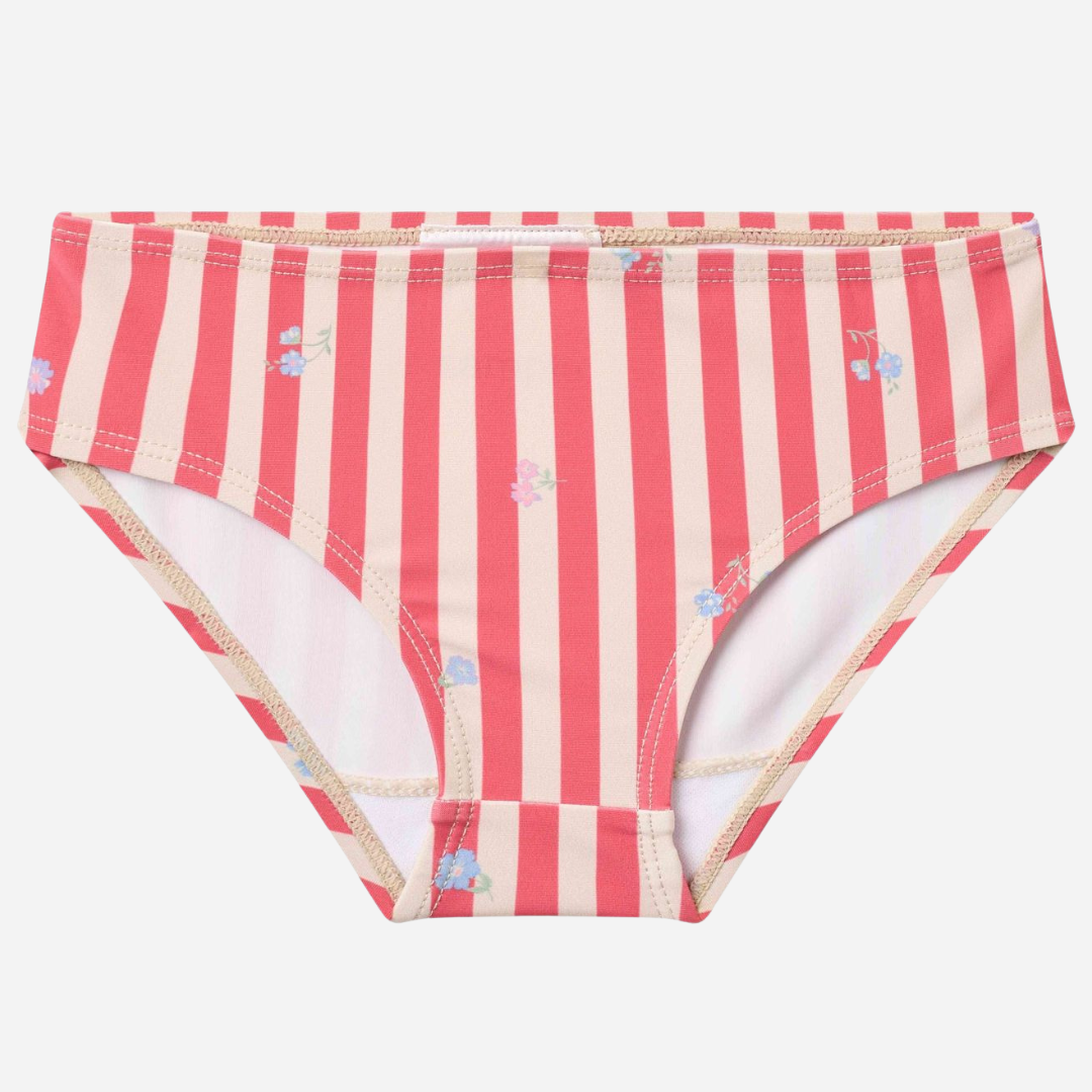 Sold at Bombon Shop, designed by Wheat, red stripe flowers two-piece swimsuit in recycled fabric with classic red striped pattern.