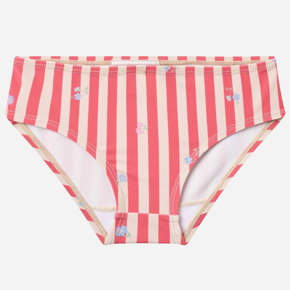 Sold at Bombon Shop, designed by Wheat, red stripe flowers two-piece swimsuit in recycled fabric with classic red striped pattern.