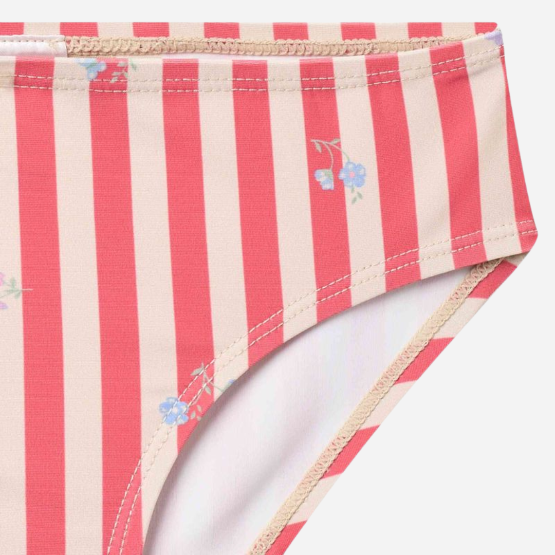 Sold at Bombon Shop, designed by Wheat, red stripe flowers two-piece swimsuit in recycled fabric with classic red striped pattern.