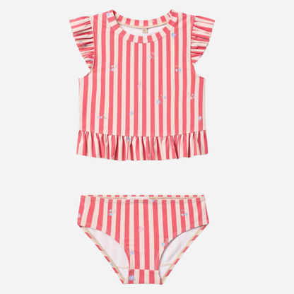 Sold at Bombon Shop, designed by Wheat, red stripe flowers two-piece swimsuit in recycled fabric with classic red striped pattern.