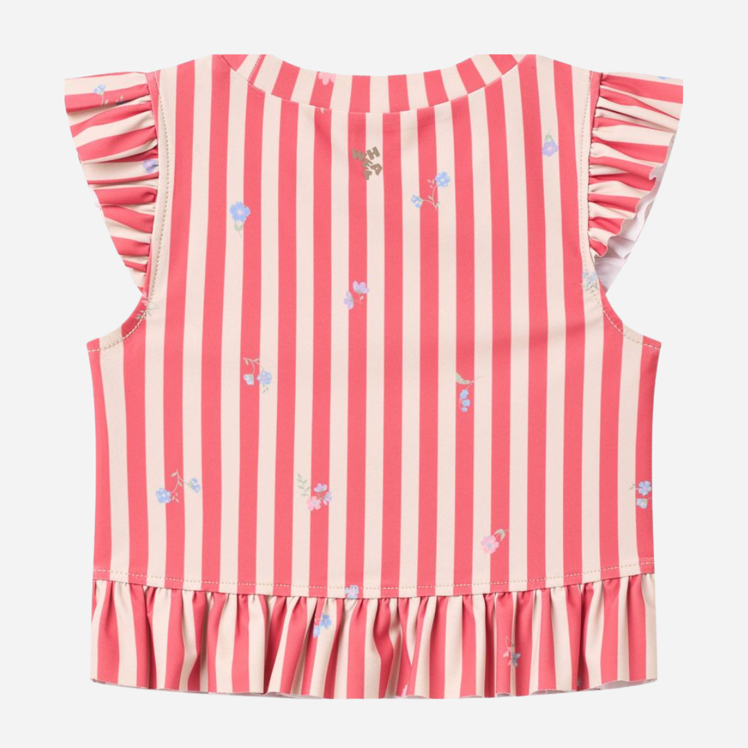 Sold at Bombon Shop, designed by Wheat, red stripe flowers two-piece swimsuit in recycled fabric with classic red striped pattern.