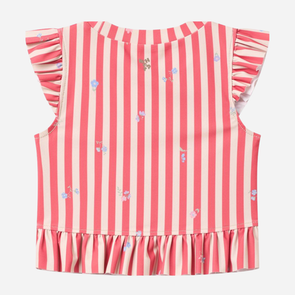 Sold at Bombon Shop, designed by Wheat, red stripe flowers two-piece swimsuit in recycled fabric with classic red striped pattern.