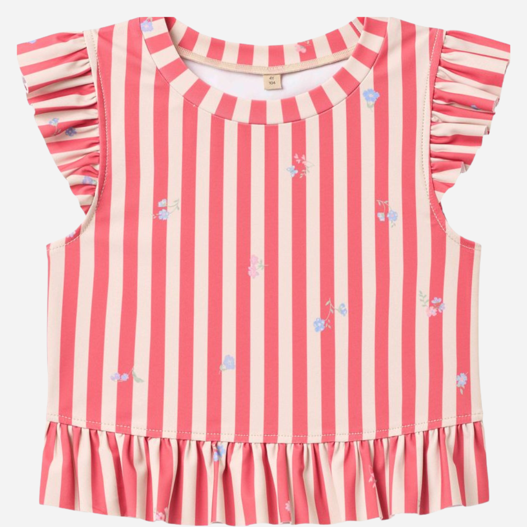 Sold at Bombon Shop, designed by Wheat, red stripe flowers two-piece swimsuit in recycled fabric with classic red striped pattern.