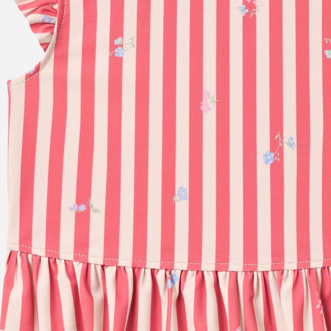 Sold at Bombon Shop, designed by Wheat, red stripe flowers two-piece swimsuit in recycled fabric with classic red striped pattern.