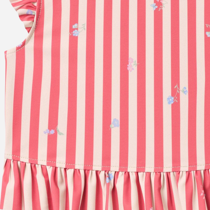 Sold at Bombon Shop, designed by Wheat, red stripe flowers two-piece swimsuit in recycled fabric with classic red striped pattern.