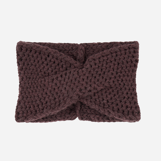 Sold at Bombon shop, designed by 1+ in the family — deep aubergine knit bandana with a twist front, crafted for warmth and comfort. front