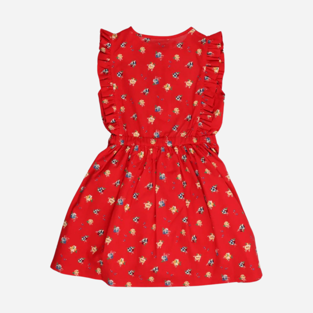 sold at Bombon, designed by The New Society red amapola floral girls dress in 100% organic cotton with sleeveless silhouette matching sibling set
