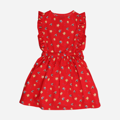 sold at Bombon, designed by The New Society red amapola floral girls dress in 100% organic cotton with sleeveless silhouette matching sibling set