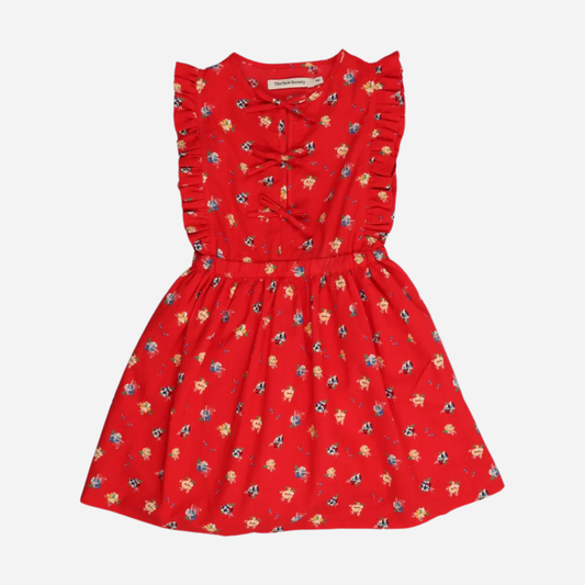 sold at Bombon, designed by The New Society red amapola floral girls dress in 100% organic cotton with sleeveless silhouette matching sibling set