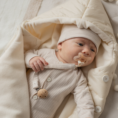 Sold at Bombon shop, designed by 1+ in the family — cream-colored quilted baby nest with hood and side button closure, crafted for warmth and comfort. model