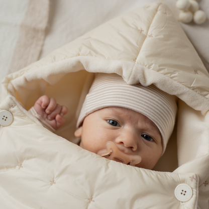 Sold at Bombon shop, designed by 1+ in the family — cream-colored quilted baby nest with hood and side button closure, crafted for warmth and comfort. model