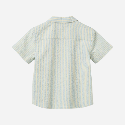 Sold at Bombon Shop, designed by Wheat, summer sky stripe organic cotton short sleeve button-down shirt with soft blue vertical stripes.