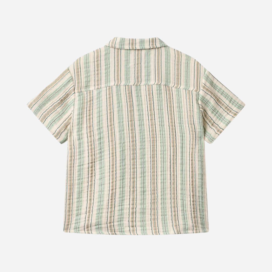 Sold at Bombon Shop, designed by Wheat, summer sky stripe organic cotton short sleeve kids button-down shirt with vertical striped pattern.