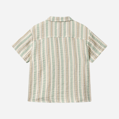 Sold at Bombon Shop, designed by Wheat, summer sky stripe organic cotton short sleeve kids button-down shirt with vertical striped pattern.