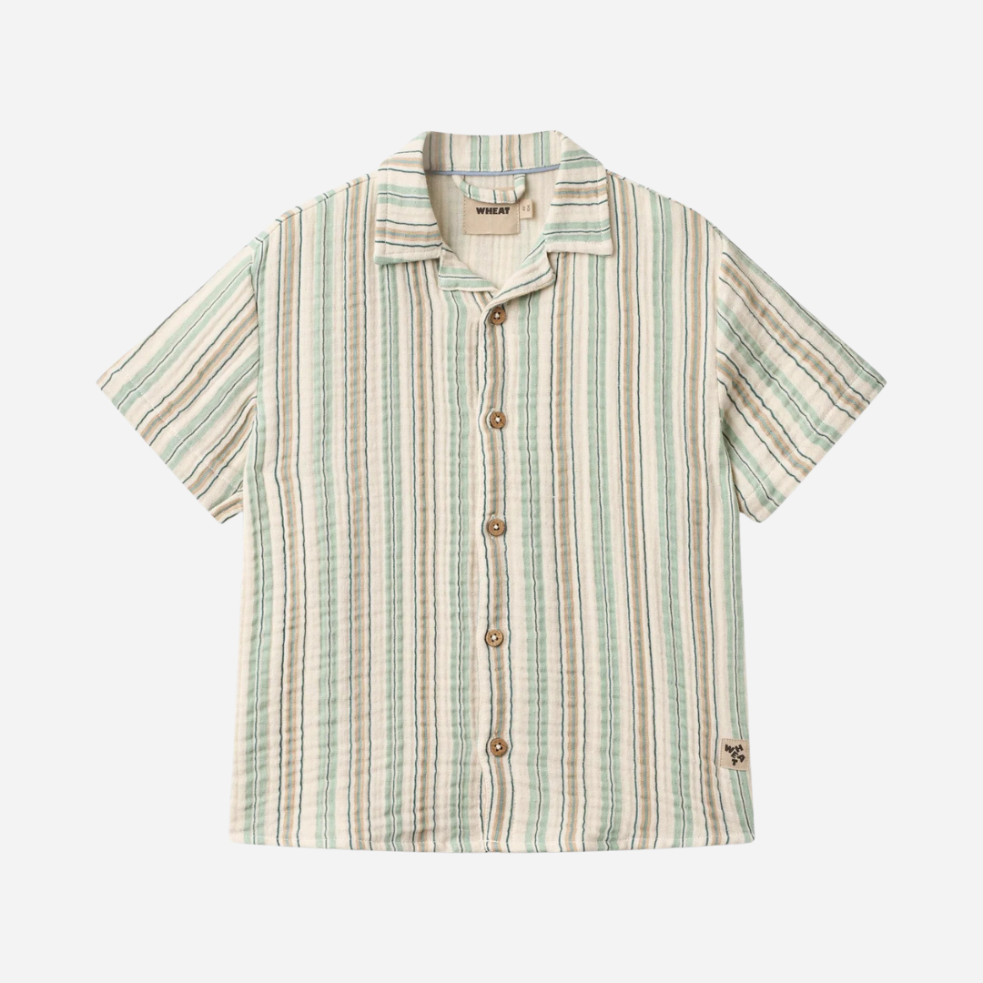 Sold at Bombon Shop, designed by Wheat, summer sky stripe organic cotton short sleeve kids button-down shirt with vertical striped pattern.